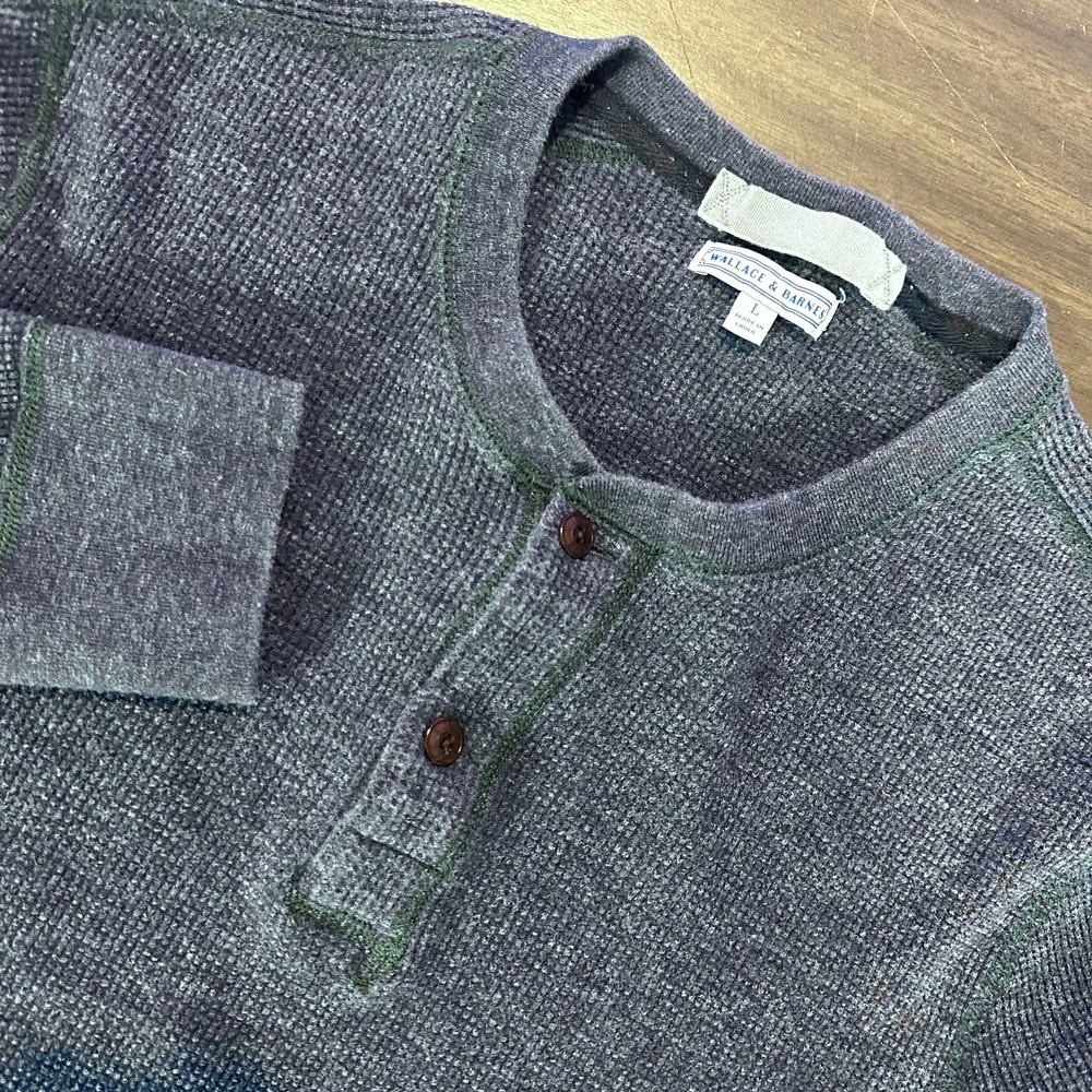 Wallace & Barnes Thermal Henley Shirt‎ Navy Blue Waffle Knit Cotton Mens Large